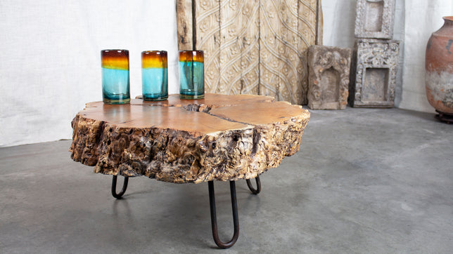 Solid wood table, with glass tumblers, tabletop and tableware