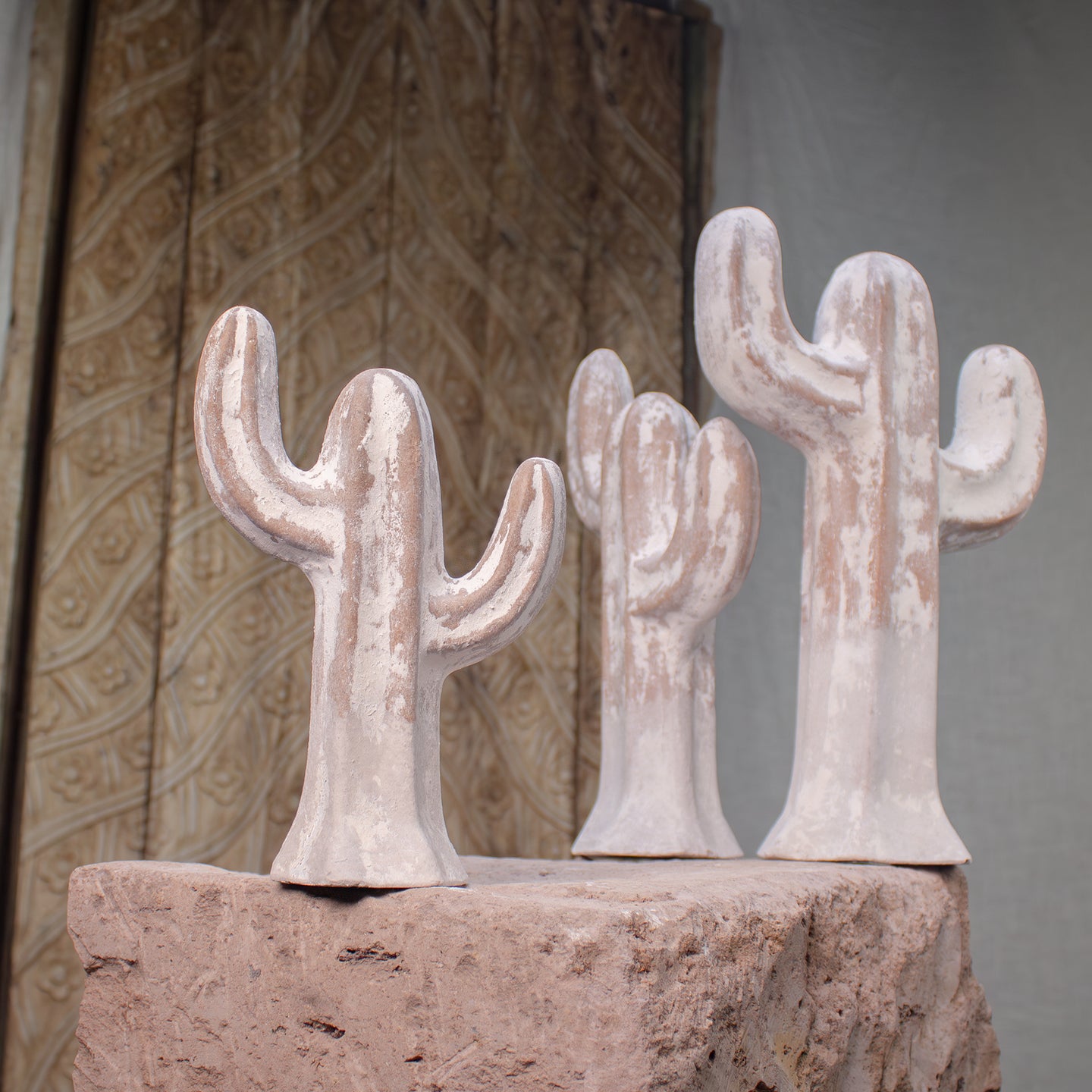 Sonoran Saguaros, Vintage Terracotta Sculptures Ashen White