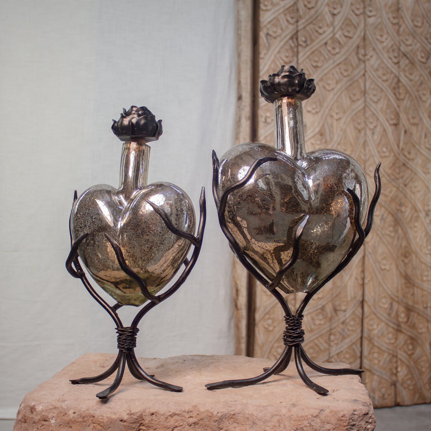 Urnest Glass Hearts. Hand Blown Glass Urn, Vintage Mercury Glass