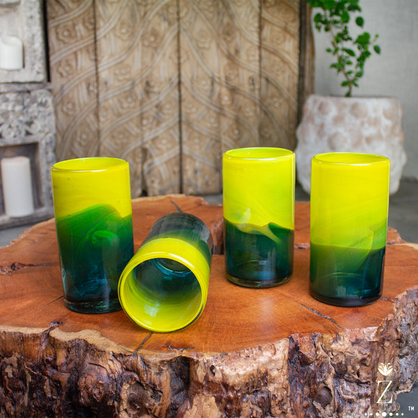 Blown Glass Tumblers, Tall. Two Tone Aqua and Amber Glassware - Zenwaro