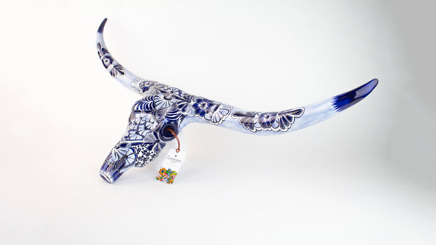 Longhorn sculpture hand painted in Blue Talavera pattern