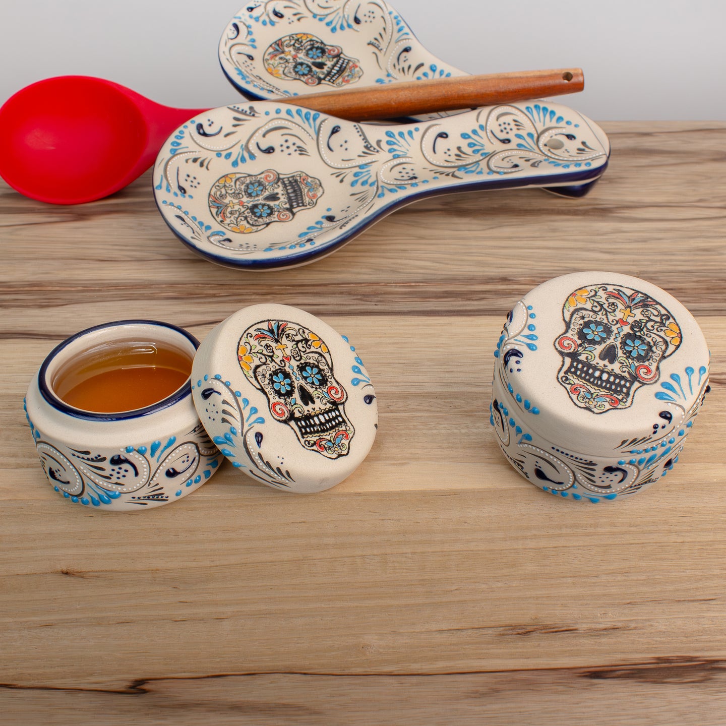 Stoneware Spice Caddy, Salt Cellar | Sugar Skull Edition