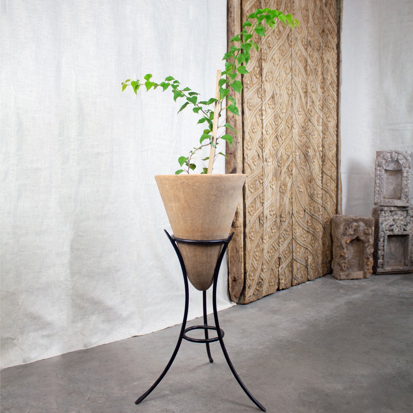 vintage indoor planter Vintage Cone Planter, with Iron Stand. Plantable pot, Handmade