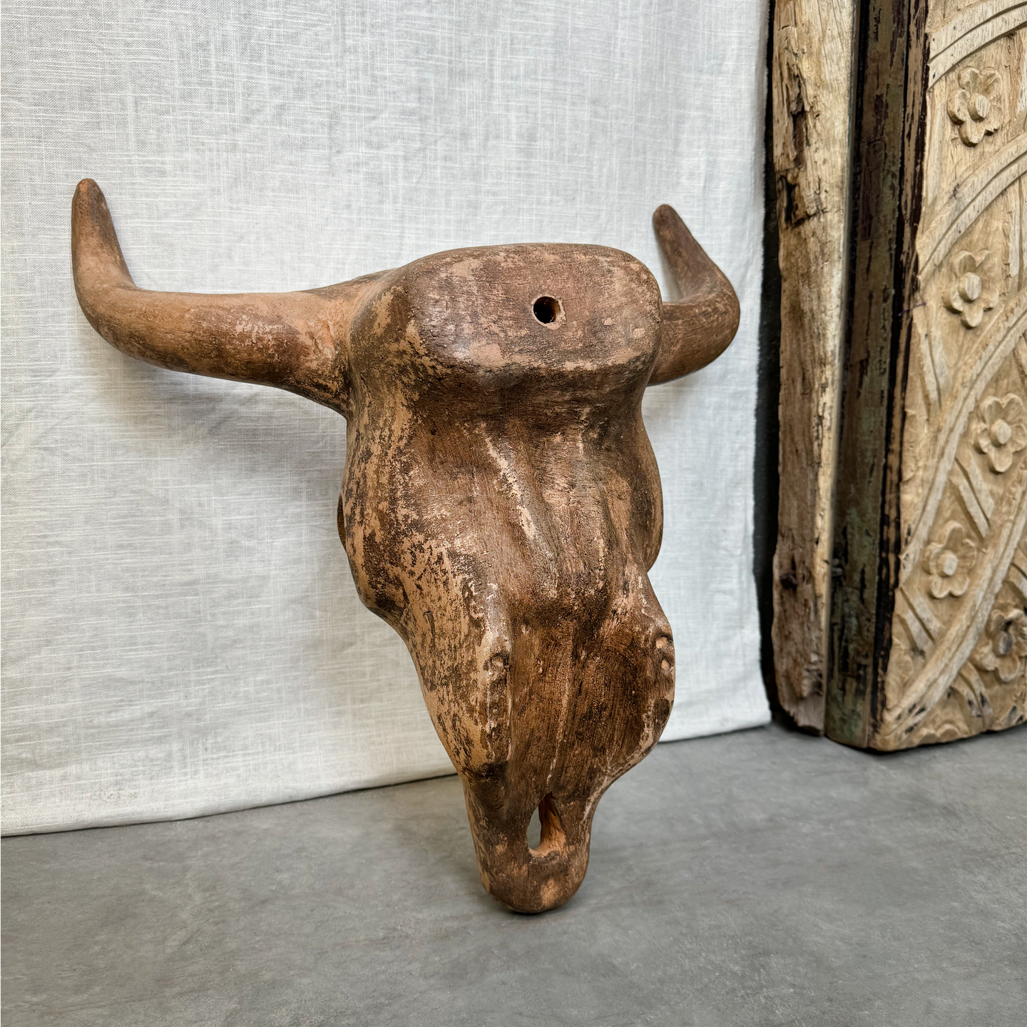 Terracotta Longhorn, Sculptural Wall Art. Taupe