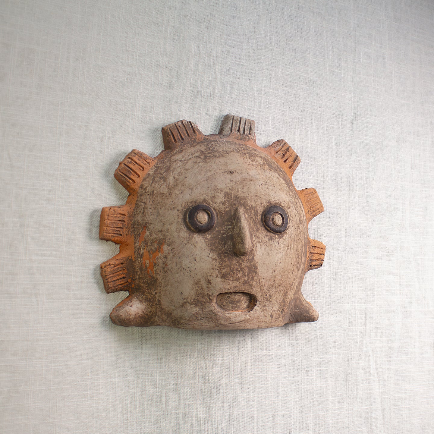 Sun Warrior Mask. Vintage Terracotta Sculptural Wall Art.