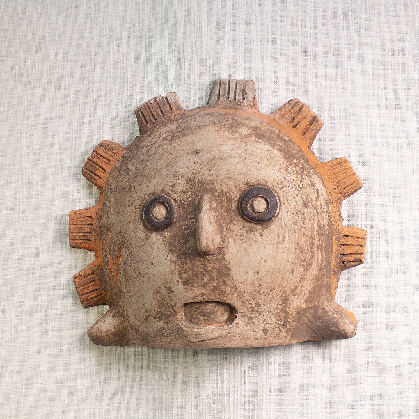 Sun Warrior Mask. Vintage Terracotta Sculptural Wall Art.