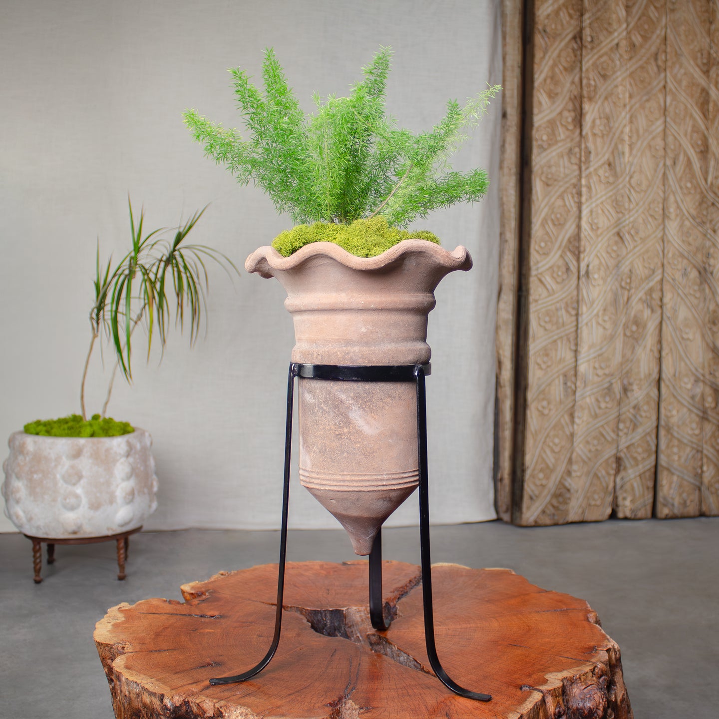 Vintage Trumpet Planter with Iron Stand. Vintage Terracotta pot.