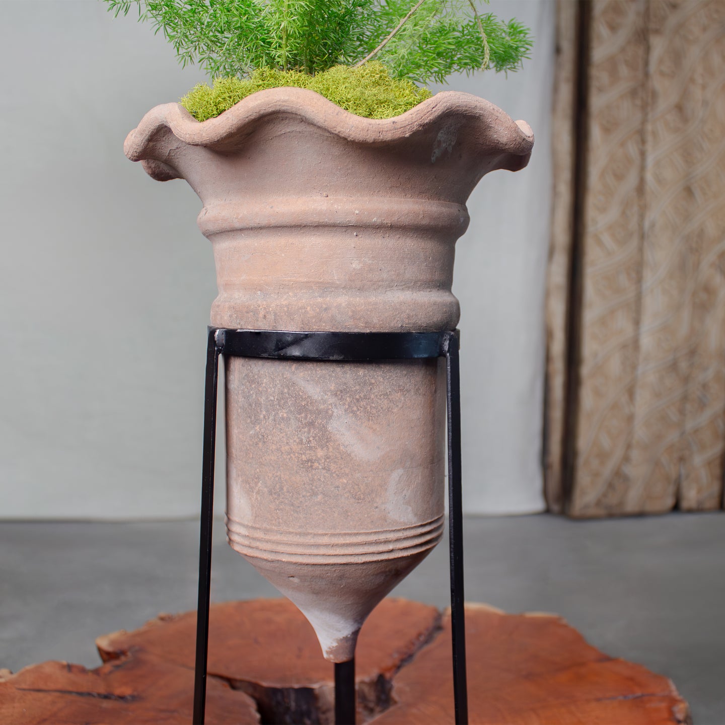 Vintage Trumpet Planter with Iron Stand. Vintage Terracotta pot.