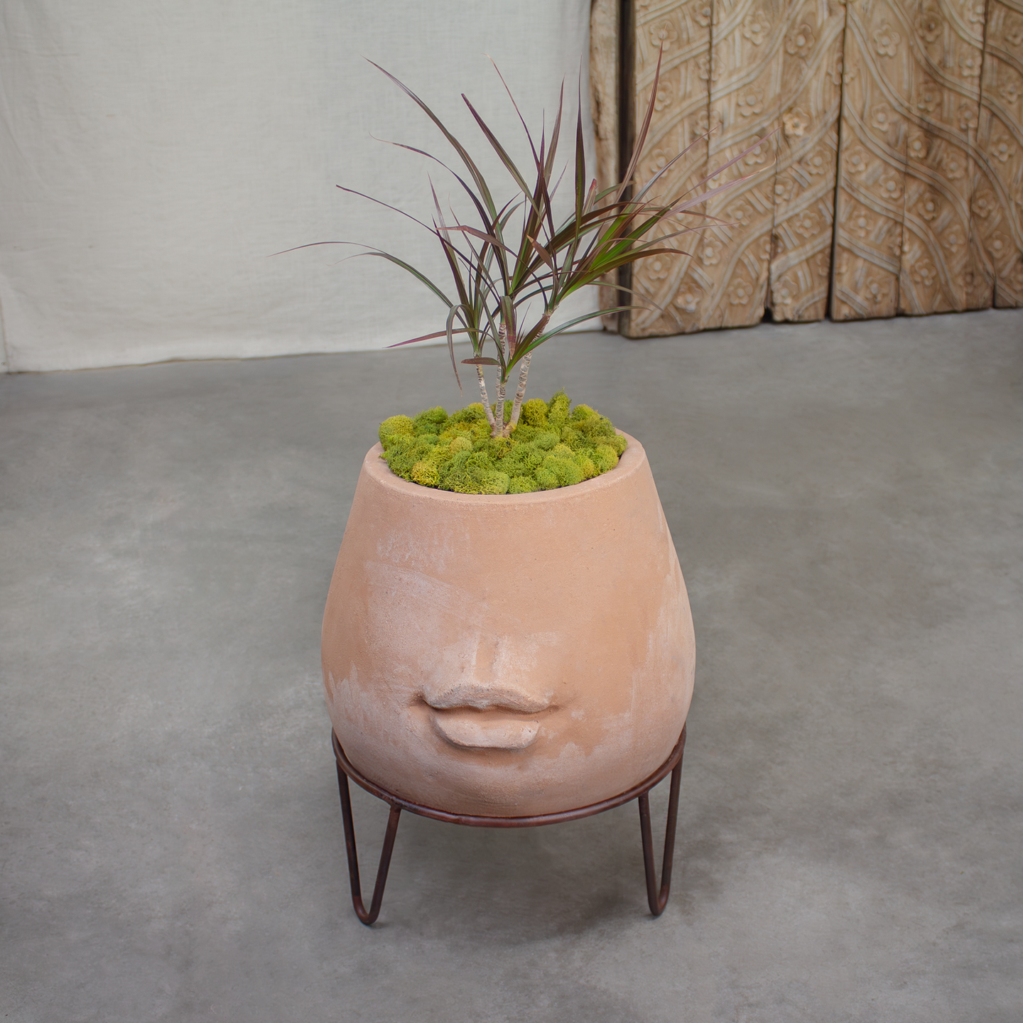 Terracotta face pot, handmade planter with pot stand.