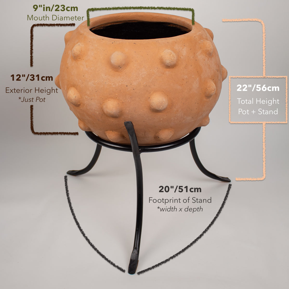 A handmade terracotta planter pot with a black metal stand, shown with measurement callouts and labels on a light gray background.