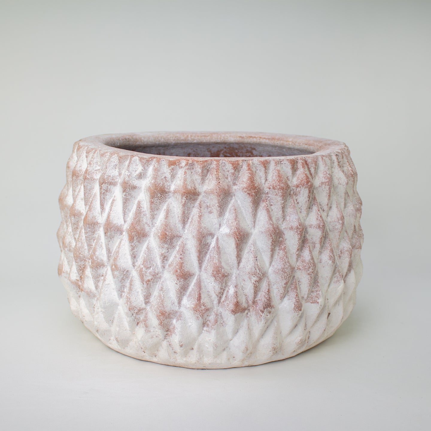 Terracotta planter, short white pot