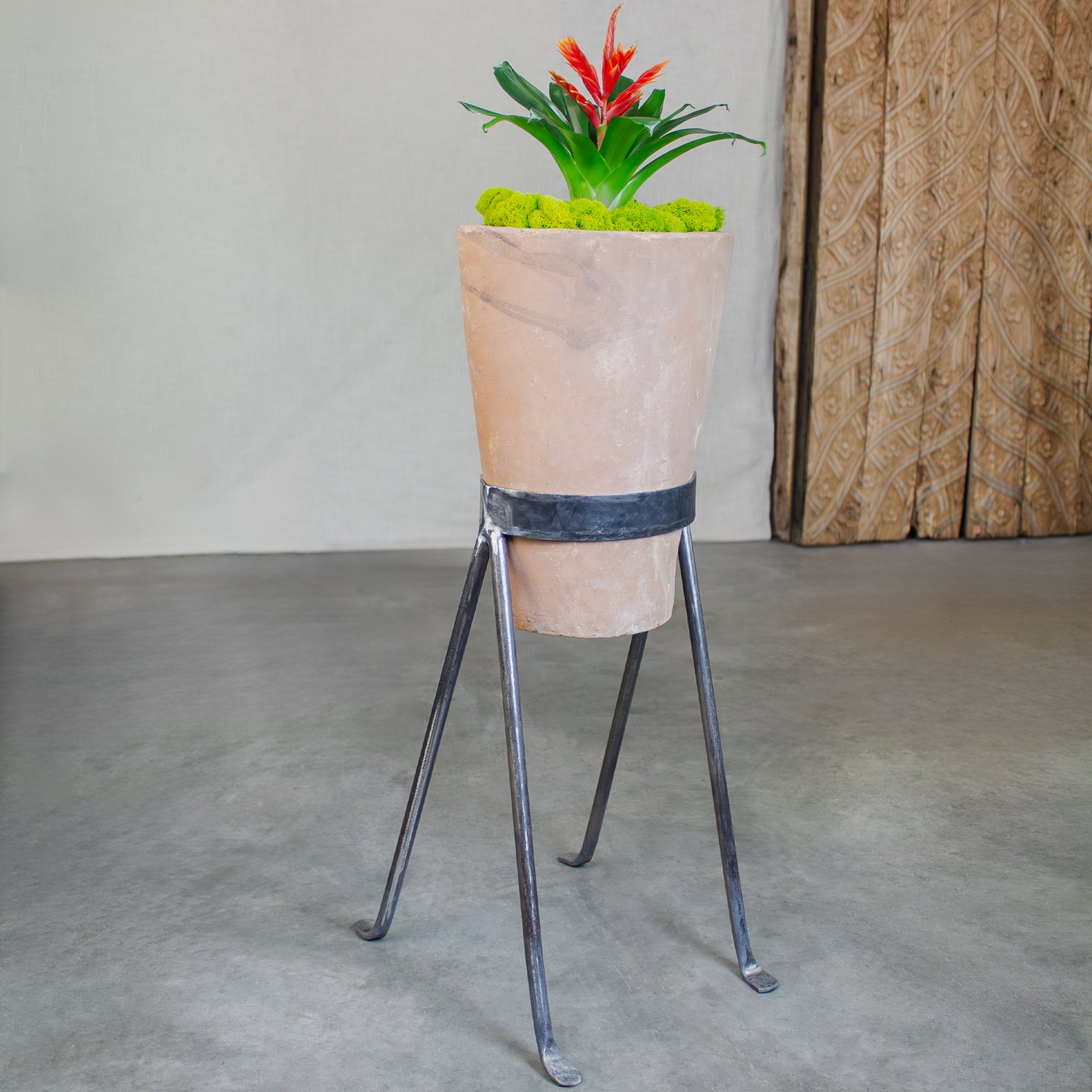 industrial pot plants Semilla Round Planter with Iron Stand. Vintage Terracotta pot