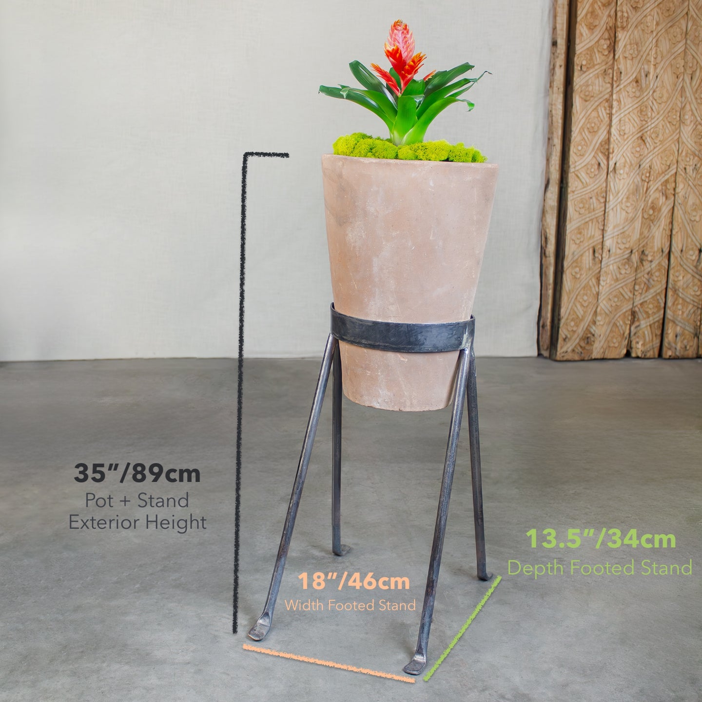 Plant pot with stand on a concrete floor with measurements displayed