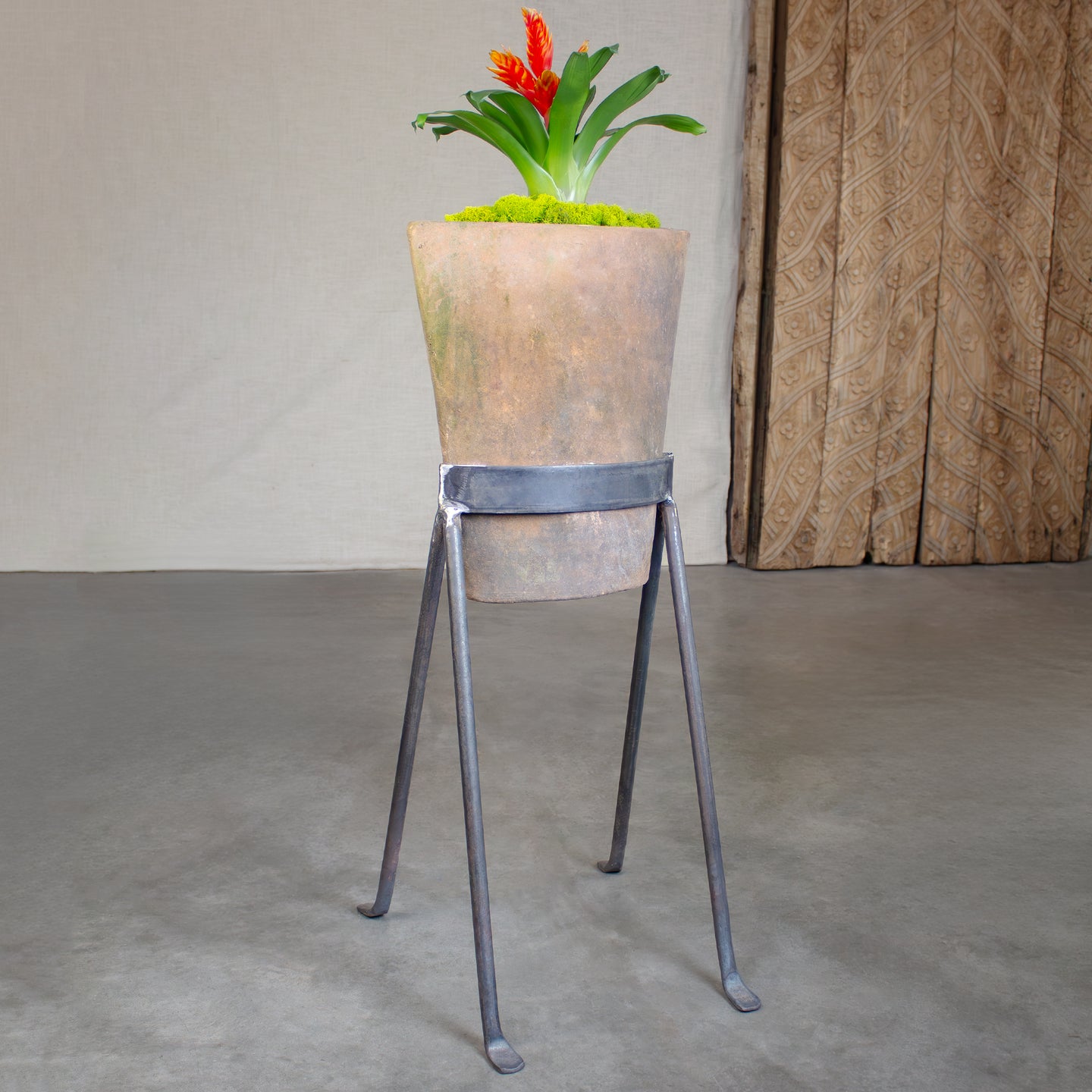 concrete pot plant stand Semilla Planter with Iron Stand. Vintage Terracotta pot