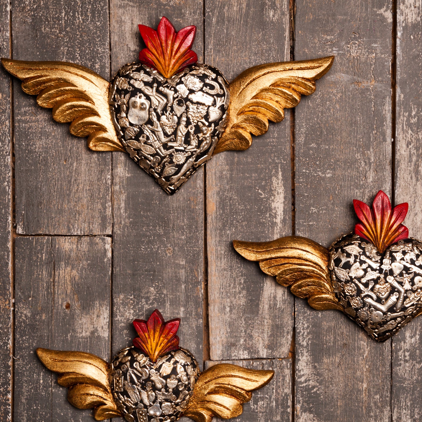 Milagros Sacred Heart with carved wood Wings, wall art
