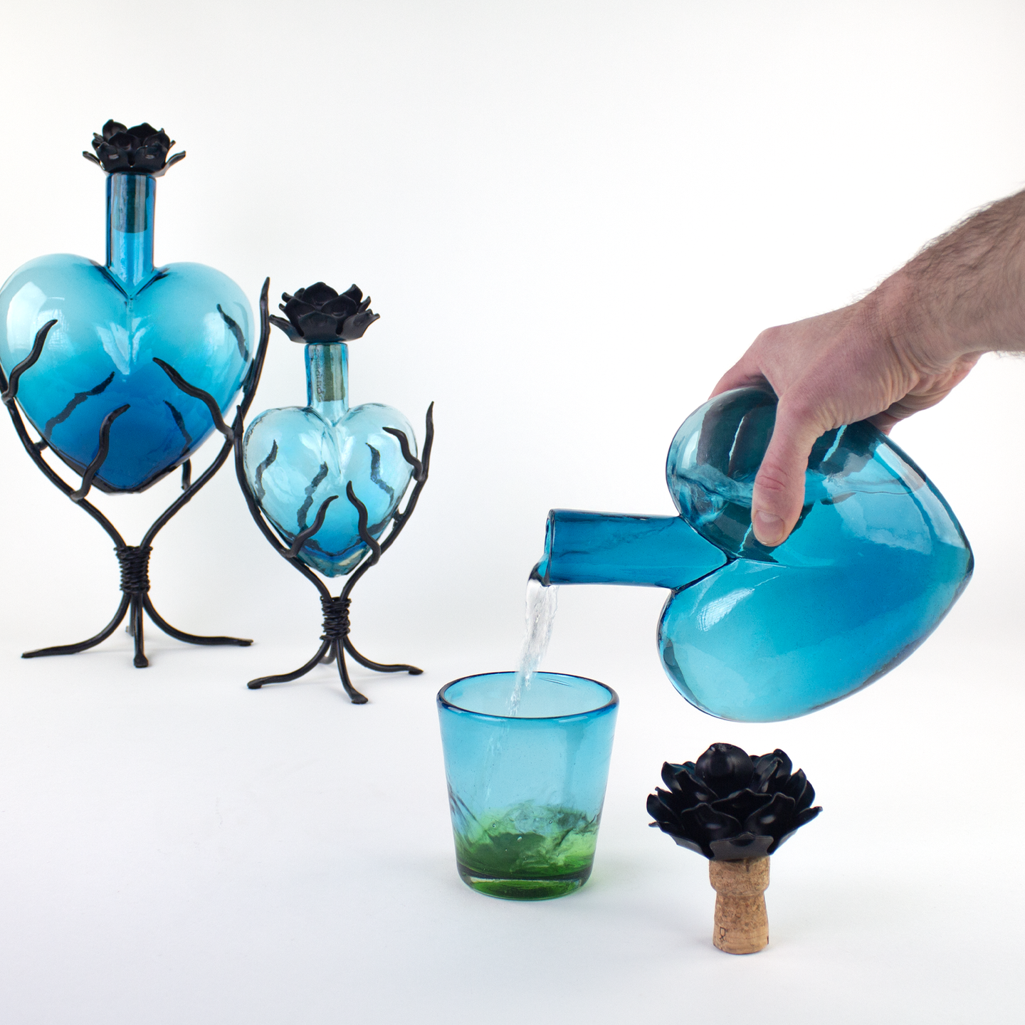 Blown Glass Decanter Hearts | Aqua Glass