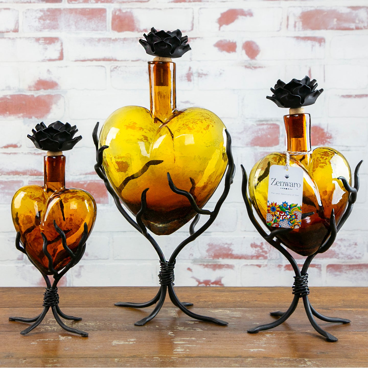 Set of heart shaped glass decanters