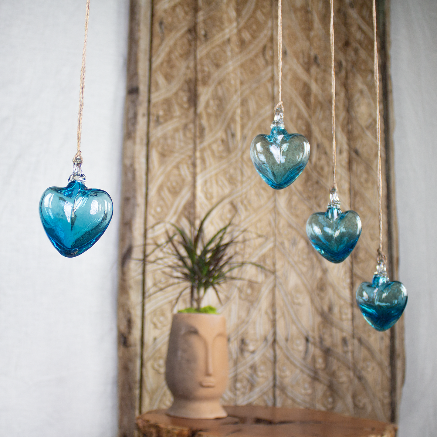 Vestige Heart, Aqua Glass Heart Ornaments.