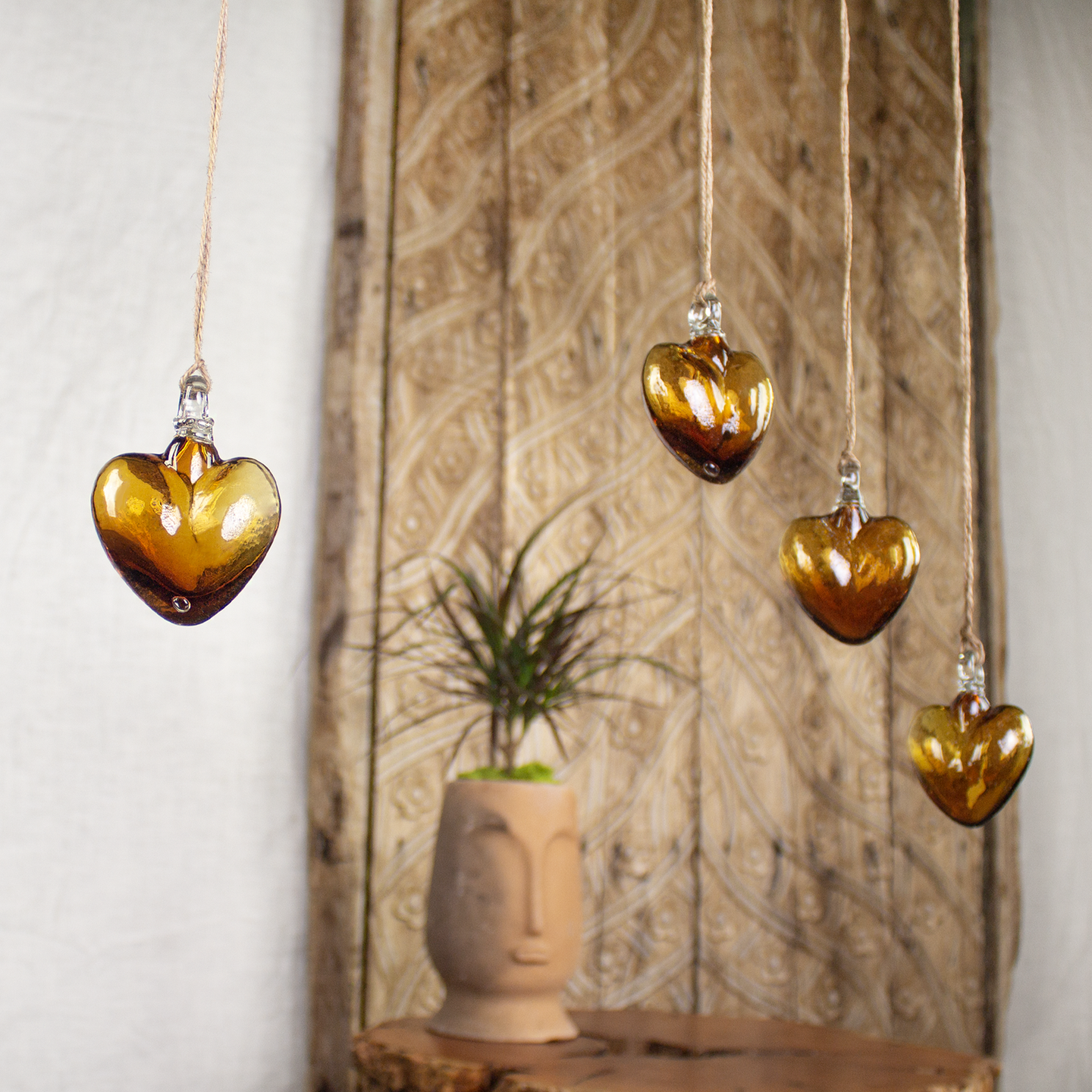 Vestige Heart, Amber Glass Heart Ornaments.