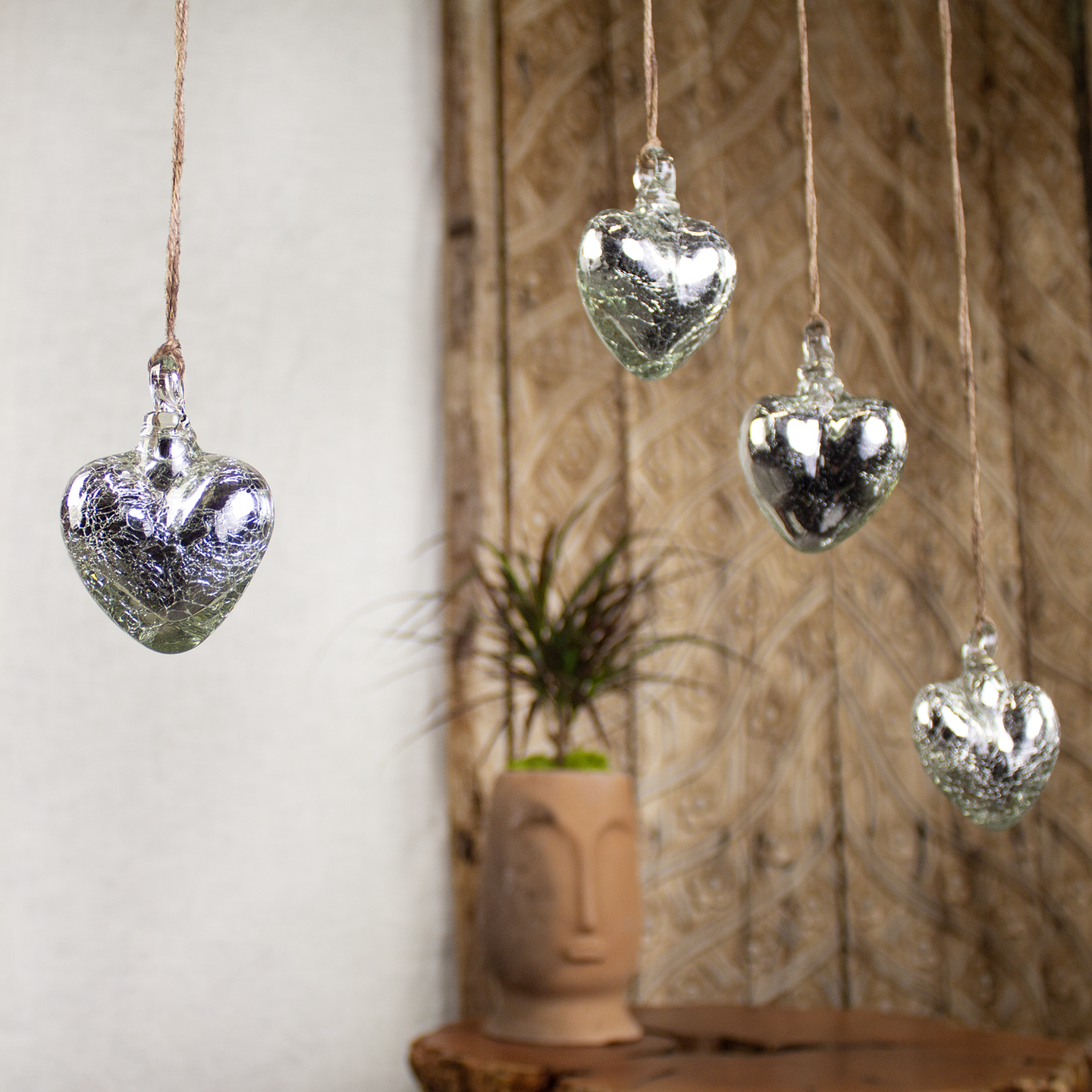 Vestige Heart, Mercury Glass Heart Ornaments.