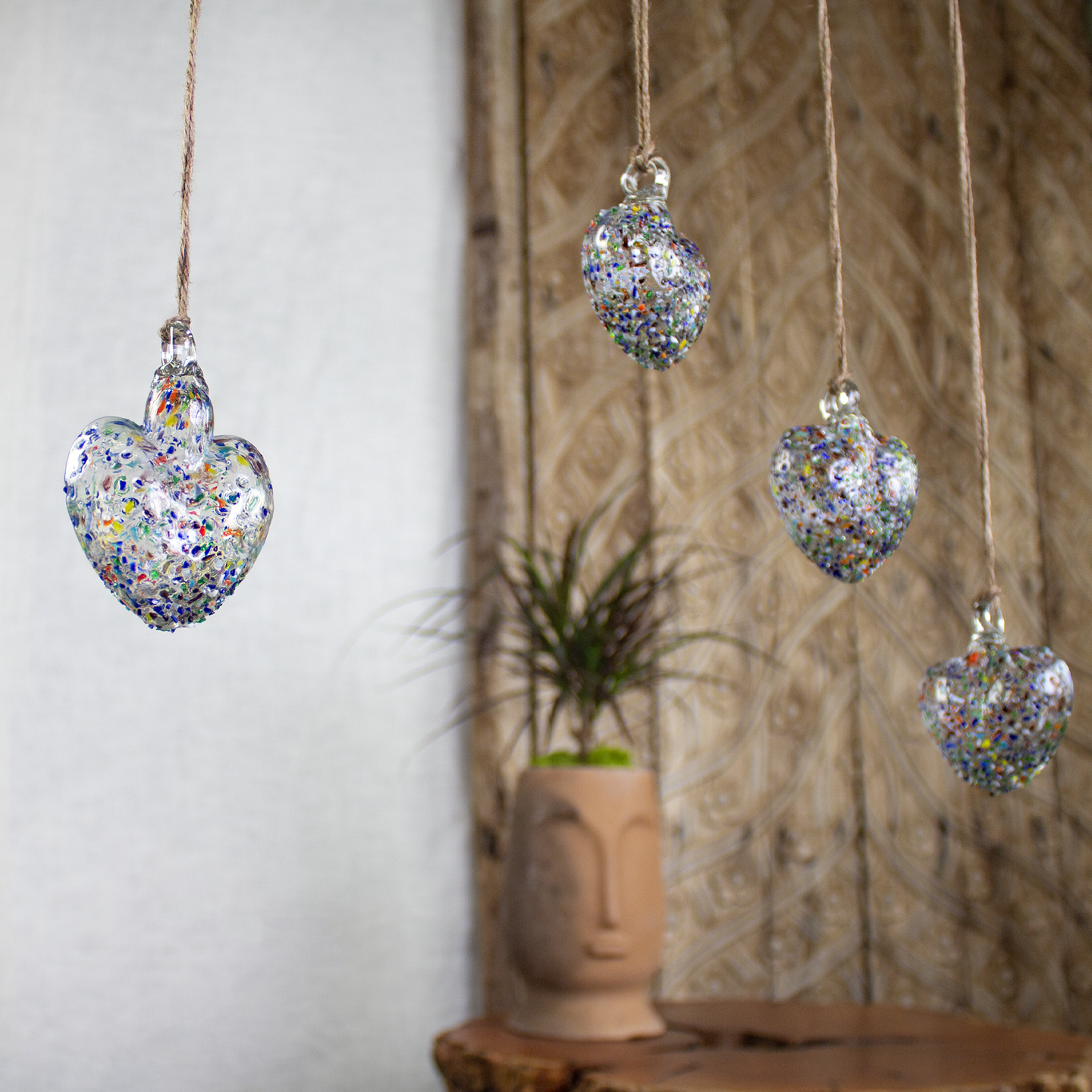 Vestige Heart, Confetti Glass Heart Ornaments.