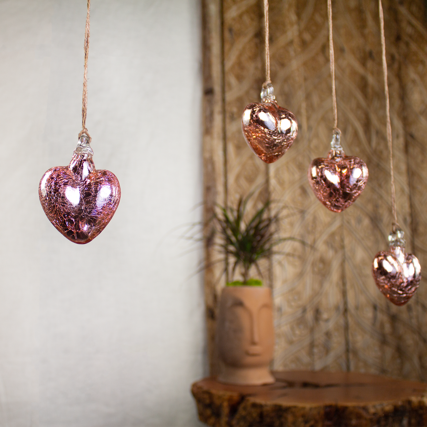 Vestige Heart, Rose Mercury Glass Heart Ornaments.