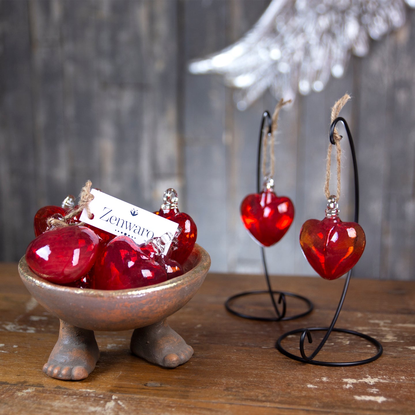 Vestige Glass Heart with Stand. Red, Aqua, Amber, and Cobalt Glass Hearts