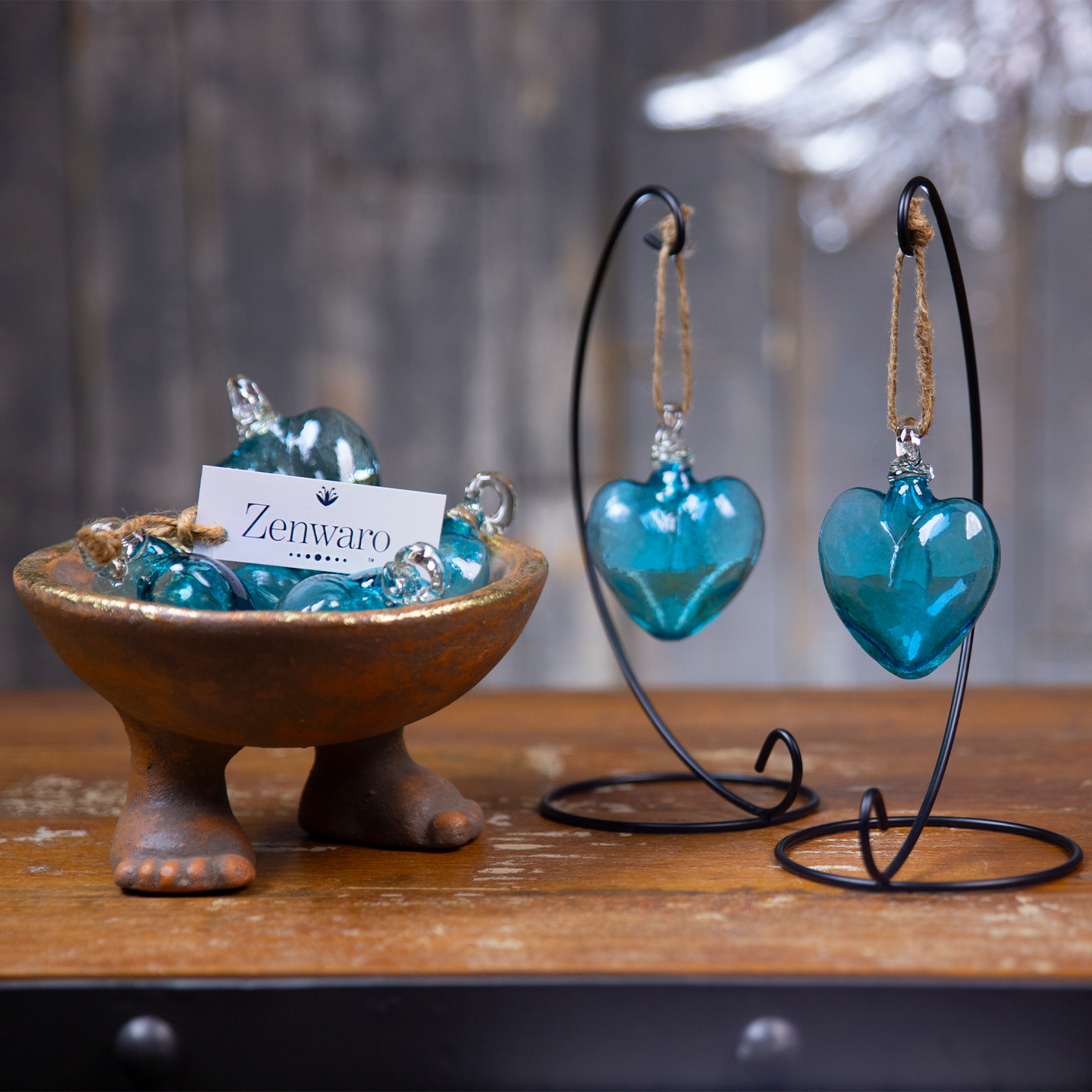 Vestige Glass Heart with Stand. Red, Aqua, Amber, and Cobalt Glass Hearts