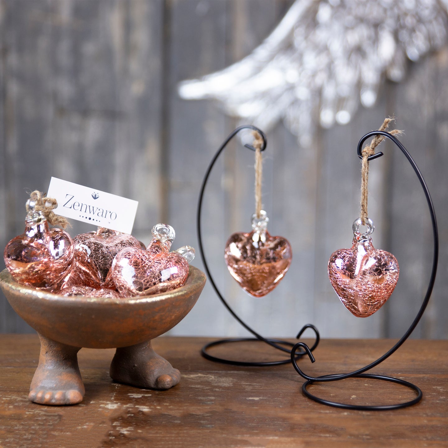 Vestige Glass Heart with Stand. Mercury, Pink, Rosé, Confetti Glass Hearts