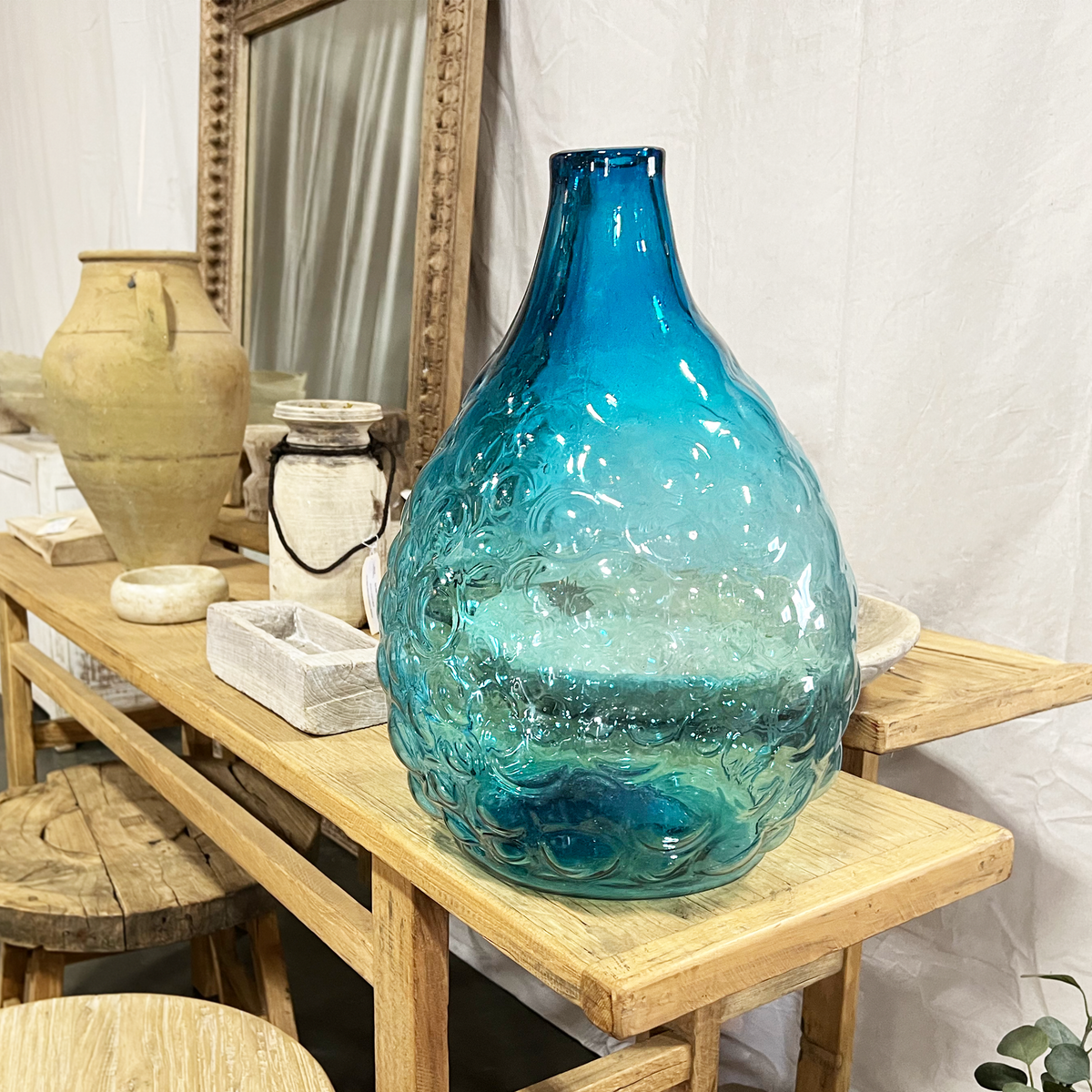 Gota Jug, Giant Hand blown Glass Vase. Aqua Blue