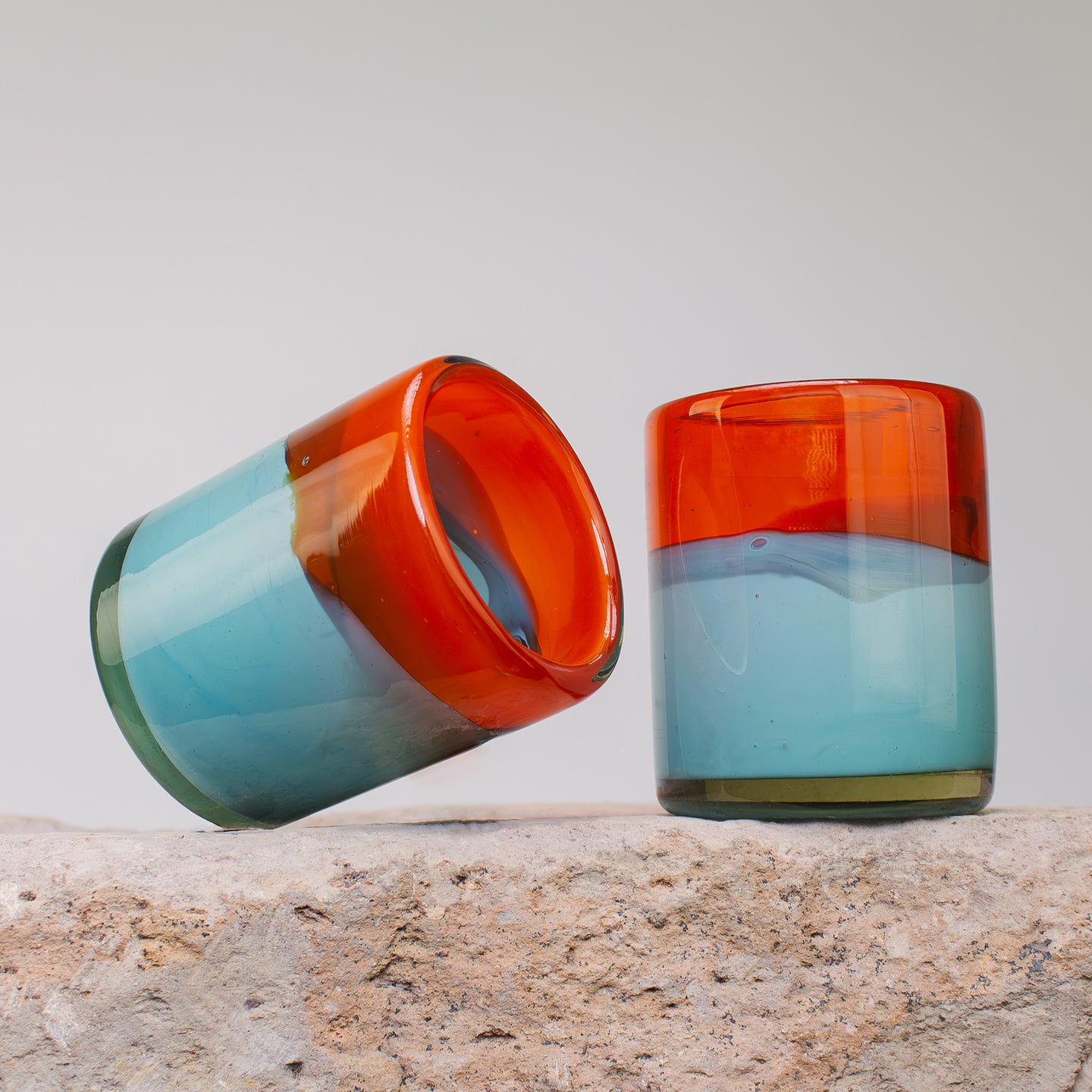 Candy Glass Tumblers Short, Bi-Color Mandarin & Teal.