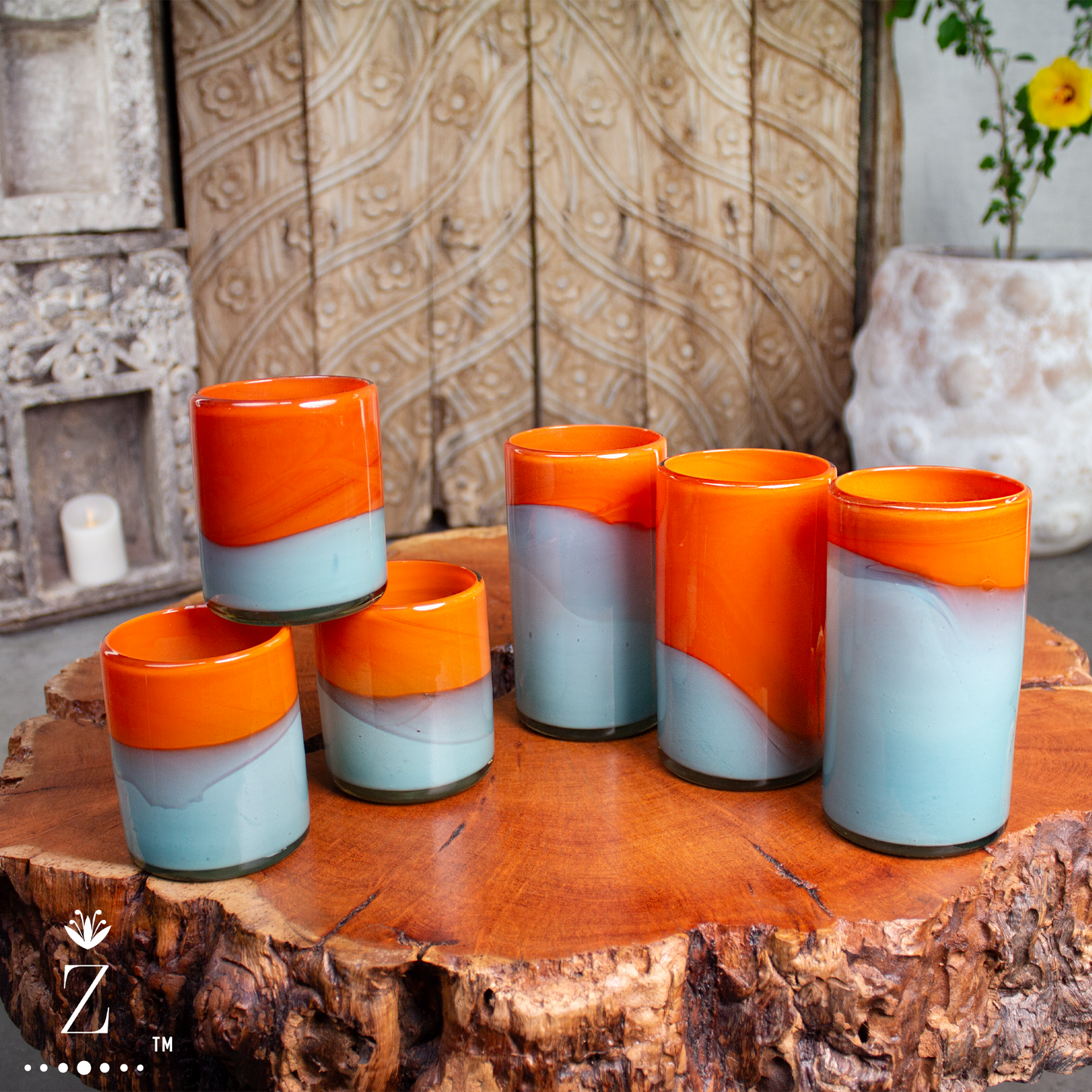 Candy Glass Tumblers Short, Bi-Color Mandarin & Teal.