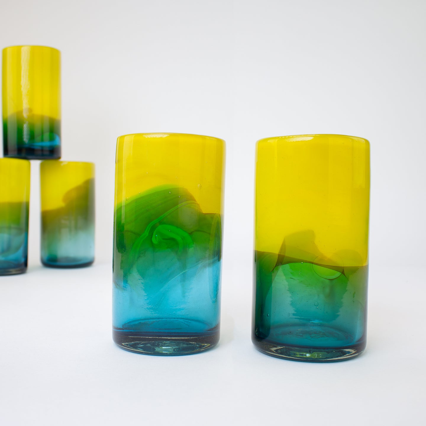 Glass Tumblers Tall, Bi-Color Lemon & Blue.