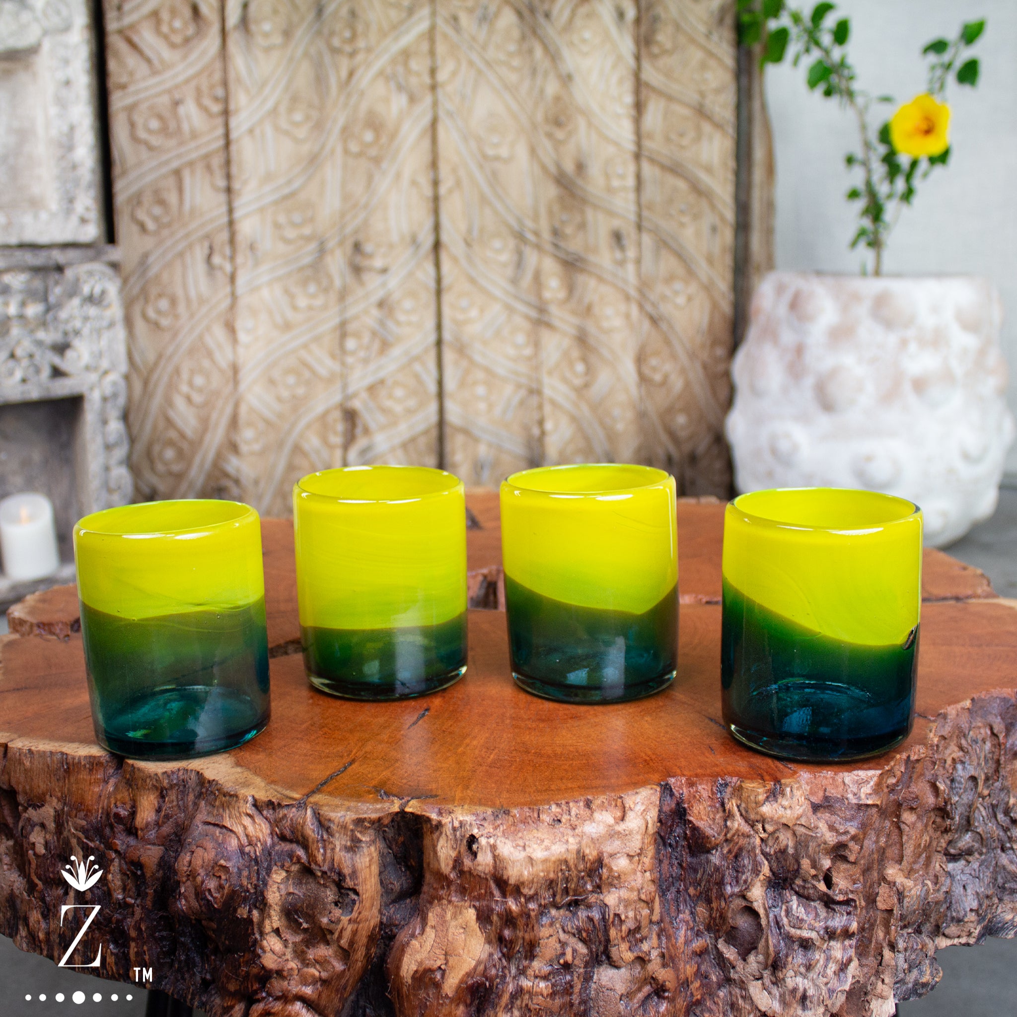 Blown Glass Tumblers, Tall. Two Tone Aqua and Amber Glassware - Zenwaro