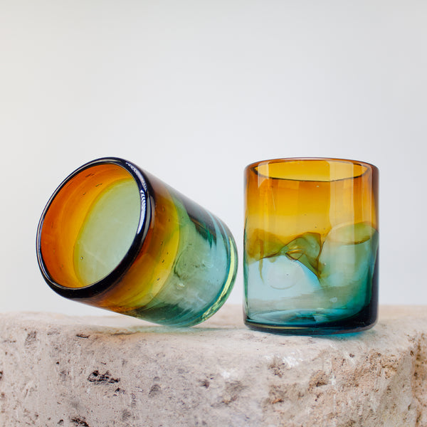 Blown Glass Tumblers, Short. Two Tone Aqua and Amber Glassware Set of 4