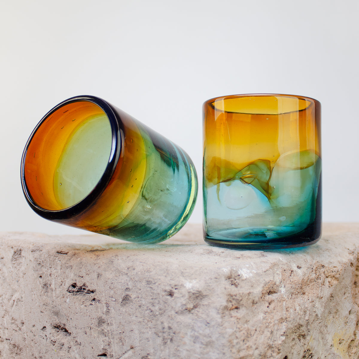 Blown Glass Tumblers, Short. Aqua to Amber Sunset