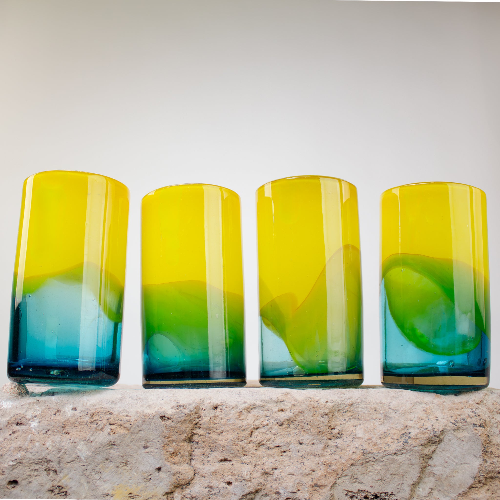 Glass Tumblers Tall, Bi-Color Lemon & Blue. Set of 2