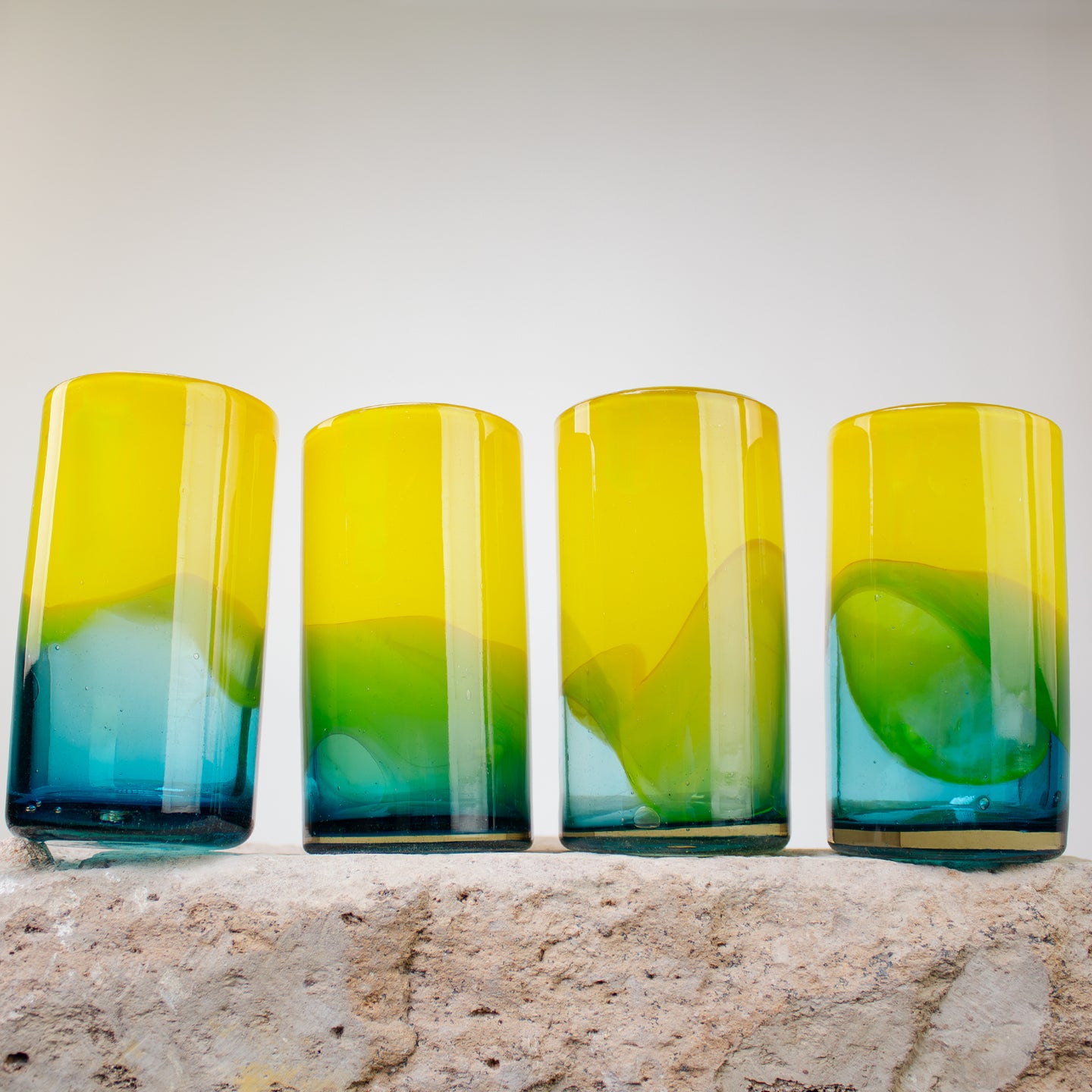 Glass Tumblers Tall, Bi-Color Lemon & Blue.