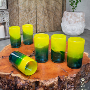 Blown Glass Tumblers, Tall. Two Tone Aqua and Amber Glassware - Zenwaro