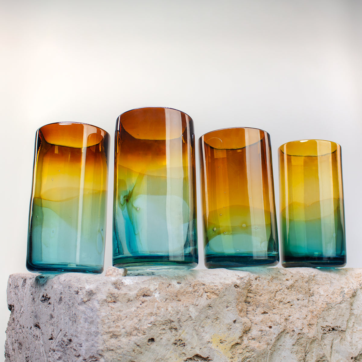 Blown Glass Tumblers, Tall. Aqua to Amber Sunset