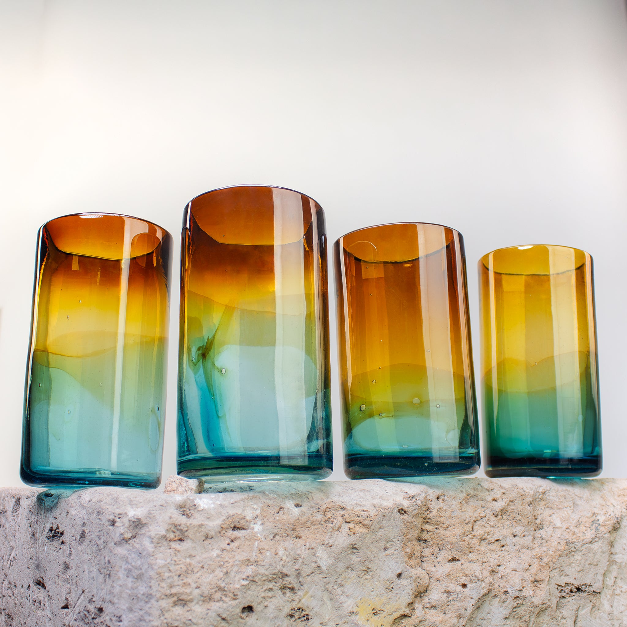 Blown Glass Tumblers, Tall. Two Tone Aqua and Amber Glassware Set of 4