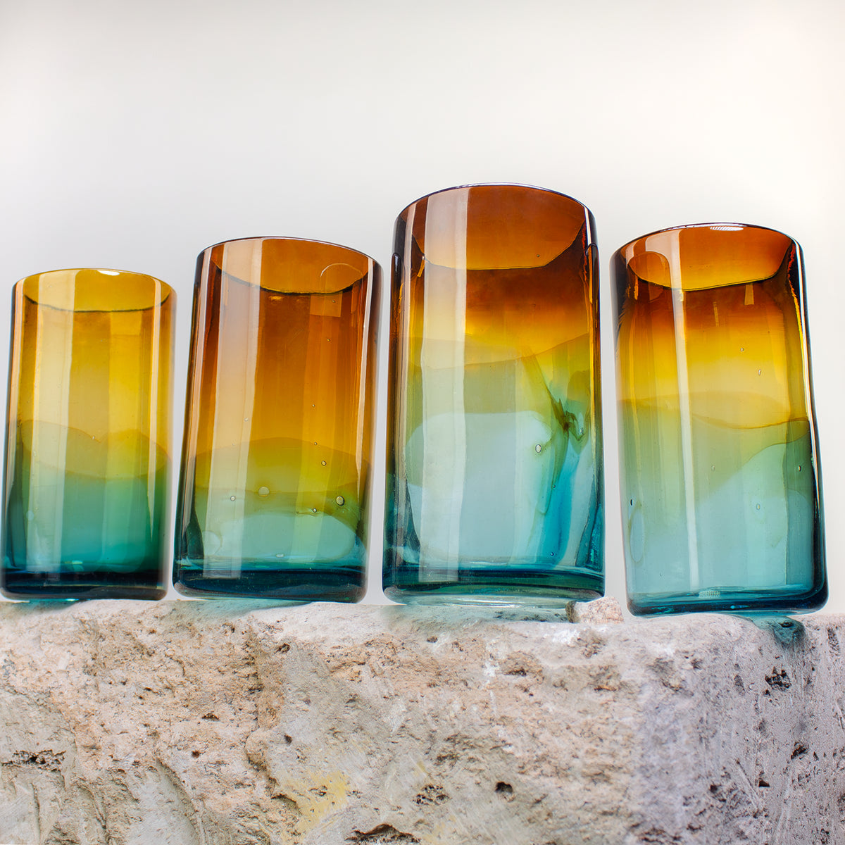 Blown Glass Tumblers, Tall. Aqua to Amber Sunset