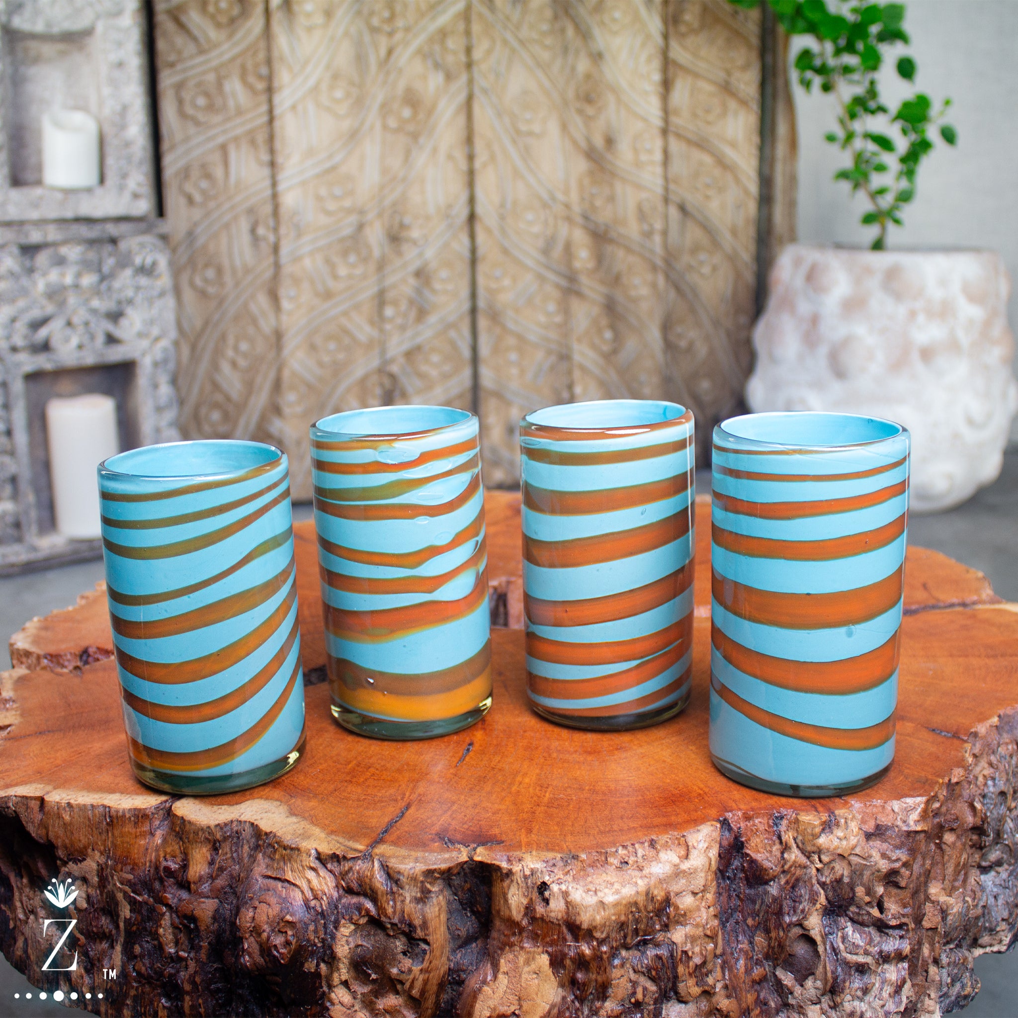 Blown Glass Tumblers, Tall. Two Tone Aqua and Amber Glassware - Zenwaro