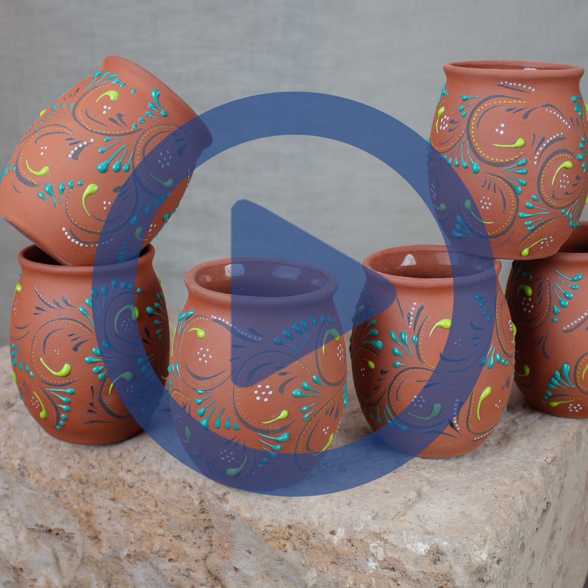 Terracotta clay cups known as Jarras used for Mexican cocktails called Cantaritos.