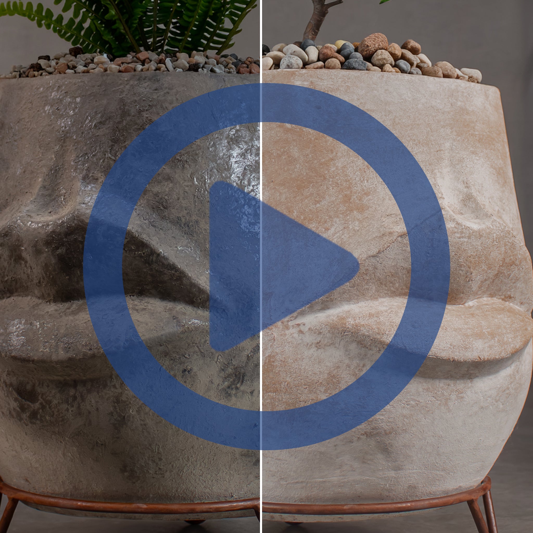 Terracotta face pot with Play button.