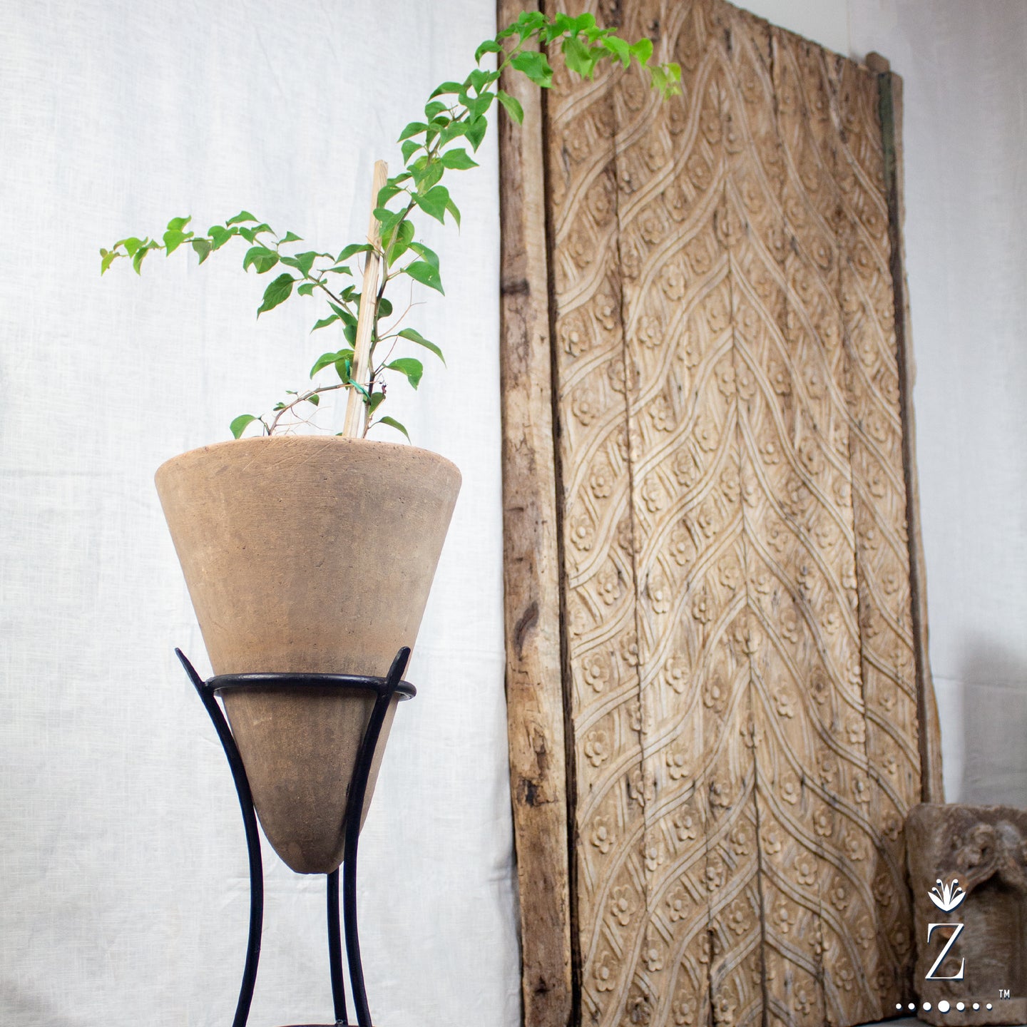 Vintage Cone Planter, with Iron Stand. Plantable pot, Handmade.