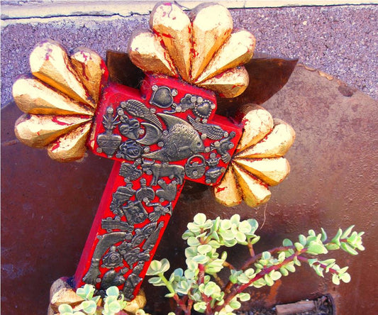 WOOD CROSS ANGEL FORM WITH TIN MILAGROS AND BEADED MEDALLIONS 11 X