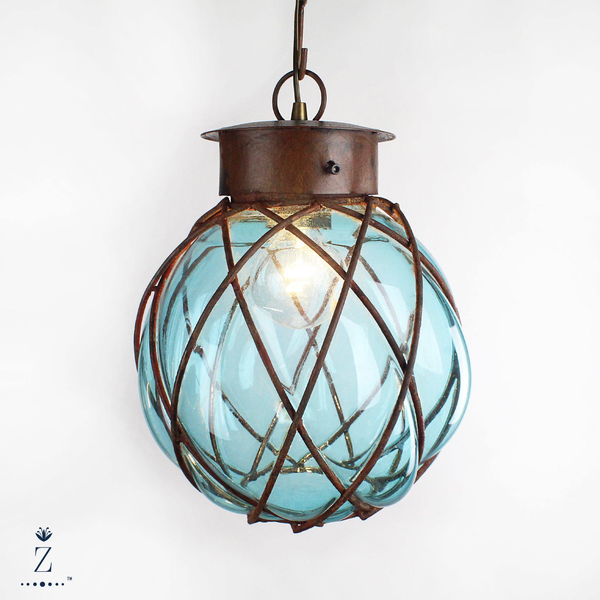 Granada Pendant Light | Aqua Glass and Iron Light
