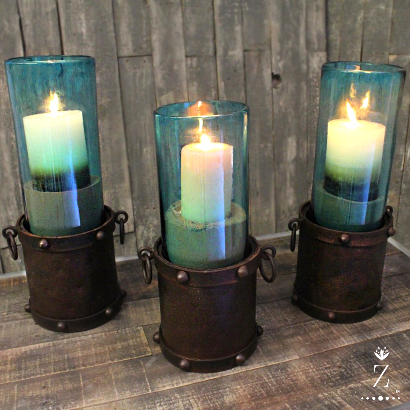 Manor Candelabra | Aqua and Clear Glass Hurricane