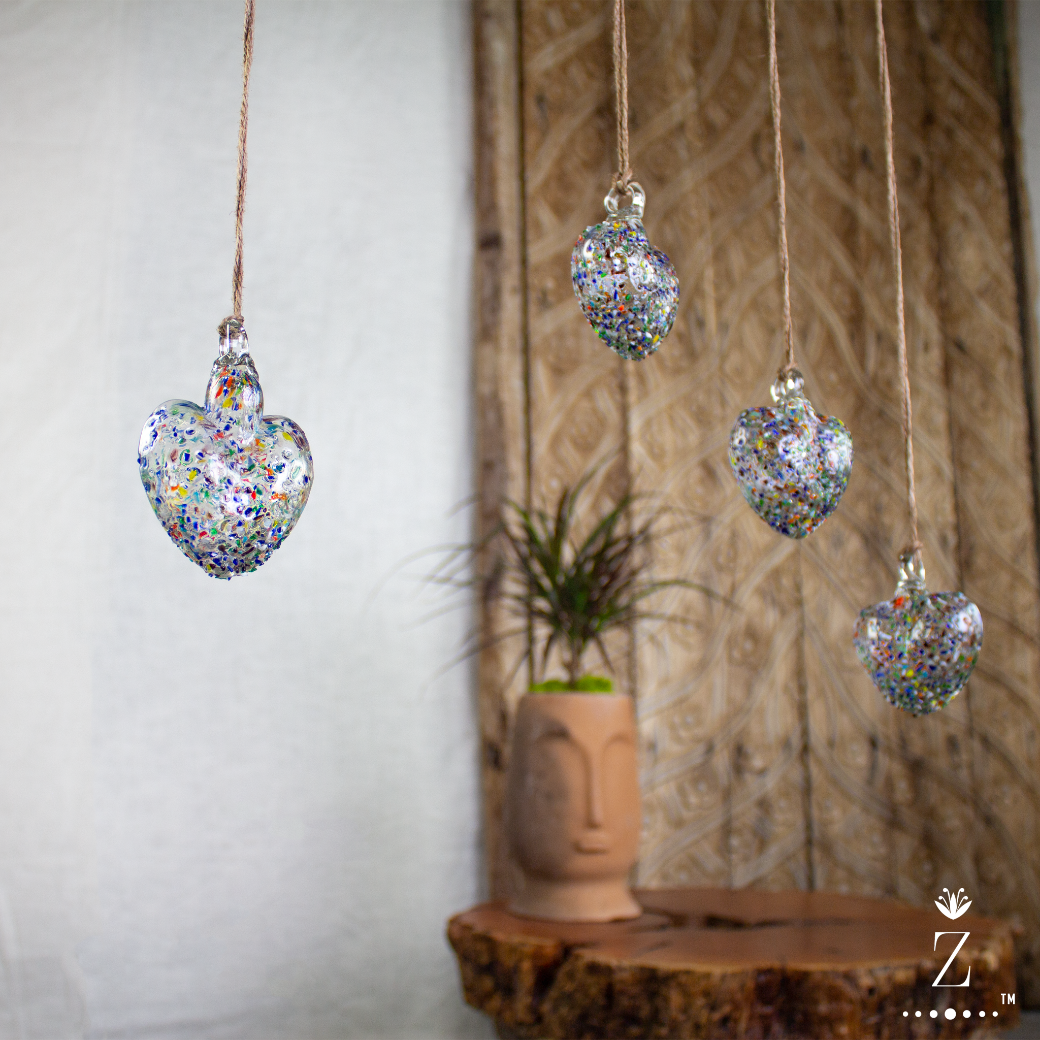 Ornamental Confetti Glass Heart, Small hanging glass hearts